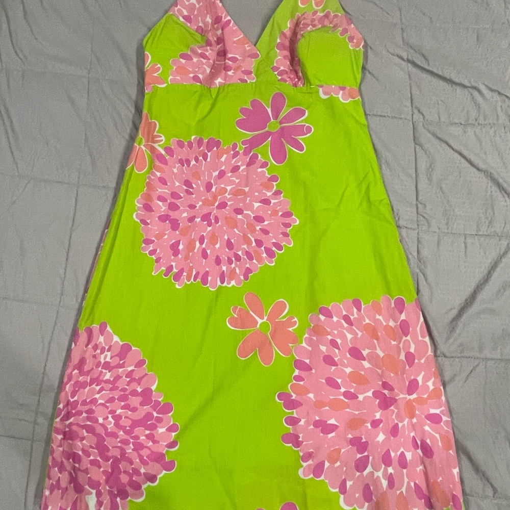 Vintage Lilly Pulitzer Green Pink Maxi Sundress Sweetheart Neckline